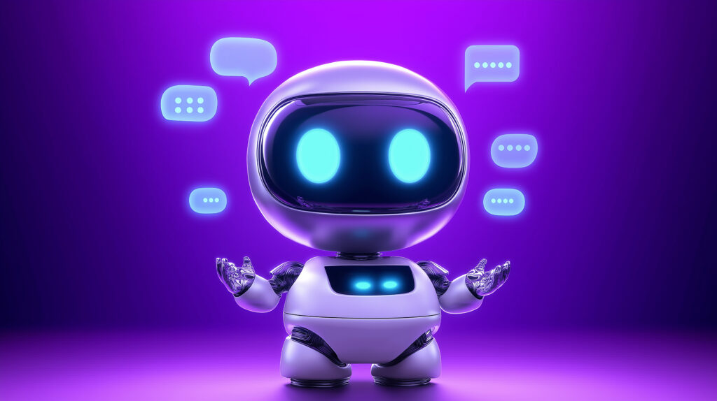 Cute robot chatting with speech bubbles showing artificial intelligence A robot chatting with speech bubbles all around