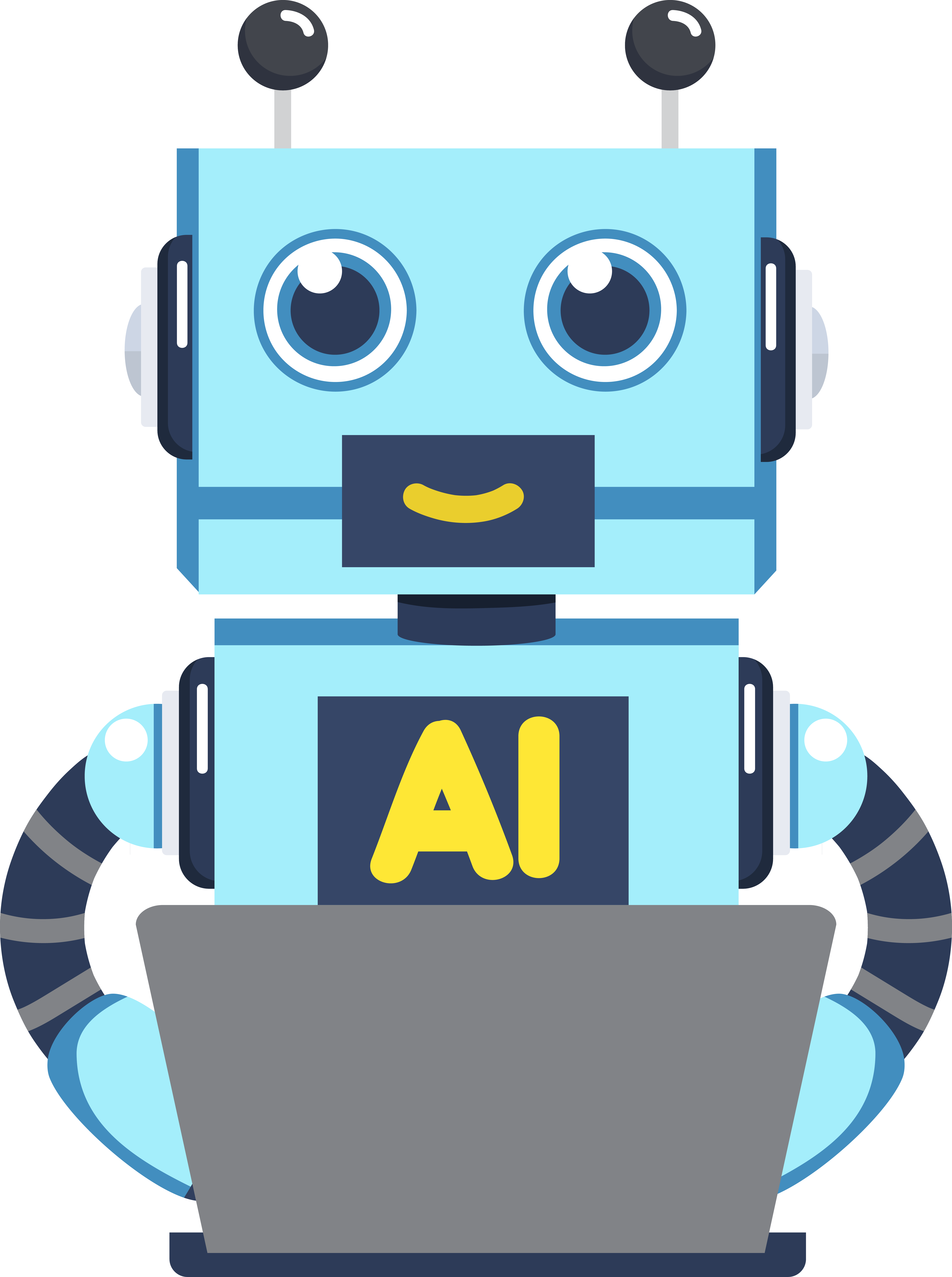 Chatbot Robot A robot with AI on the chest sitting behind a laptop