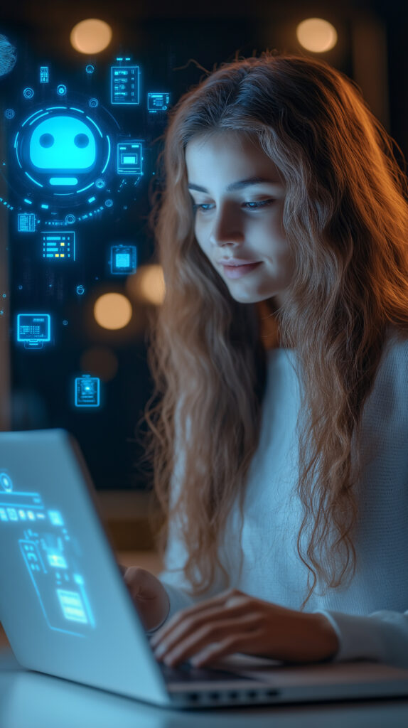 Young Woman Engaged with Laptop and Digital Chatbot A woman with long hair working on a laptop engaging with chatbots
